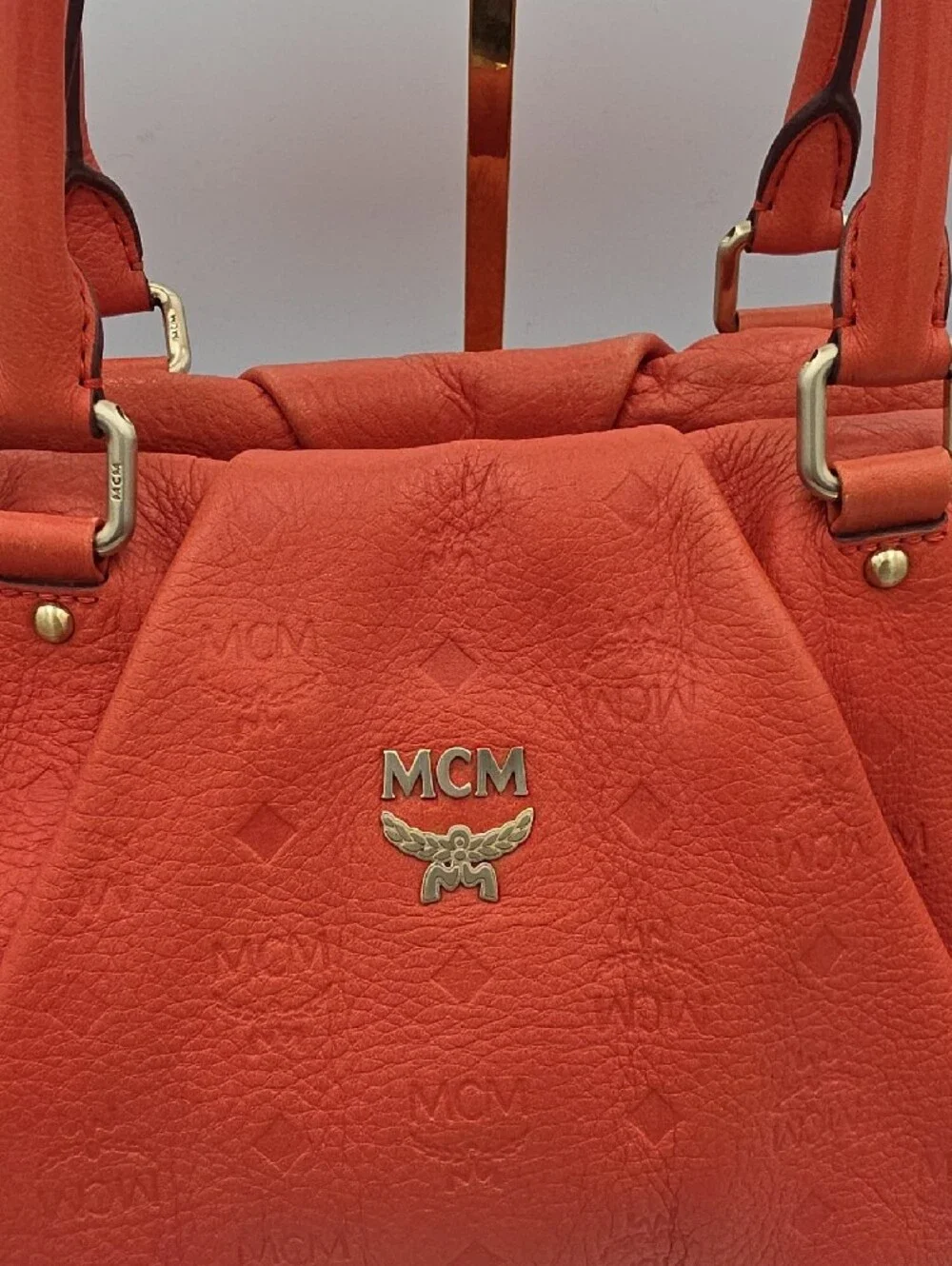 MCM Bright Orange Visetos Embossed Top Double Handles Large Satchel Bag (EUC)🧡✨